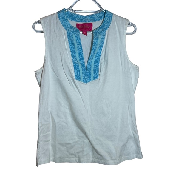 Lilly Pulitzer White Blue Trim Dev Tank Blouse Top, Medium - Picture 1 of 9